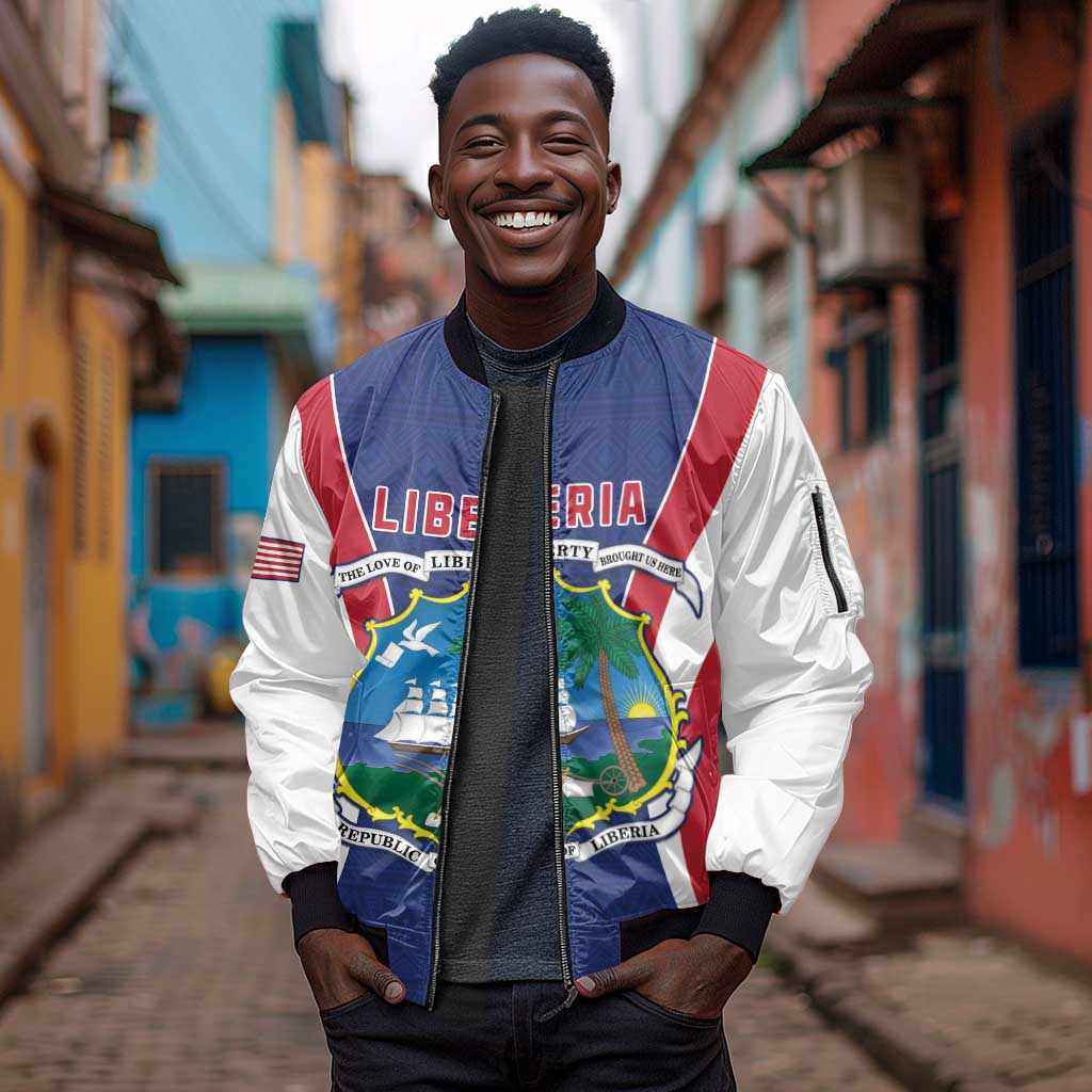 Personalised Afro Liberia Sleeve Zip Bomber Jacket Coat Of Arms With Flag Map - African Pattern