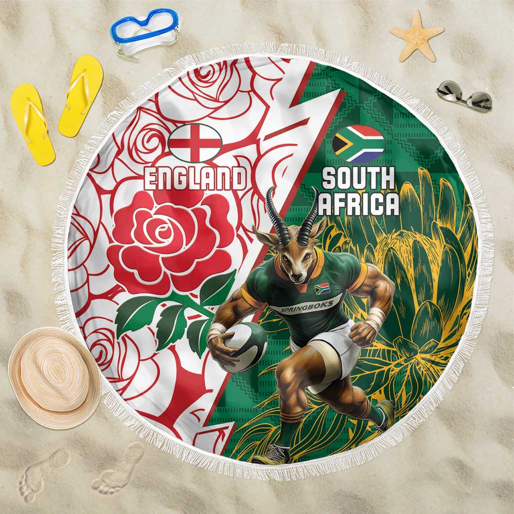 Personalized South Africa Combine England Rugby Beach Blanket Springboks and Red Rose