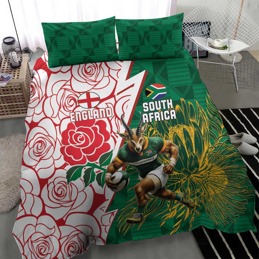 Personalized South Africa Combine England Rugby Bedding Set Springboks and Red Rose