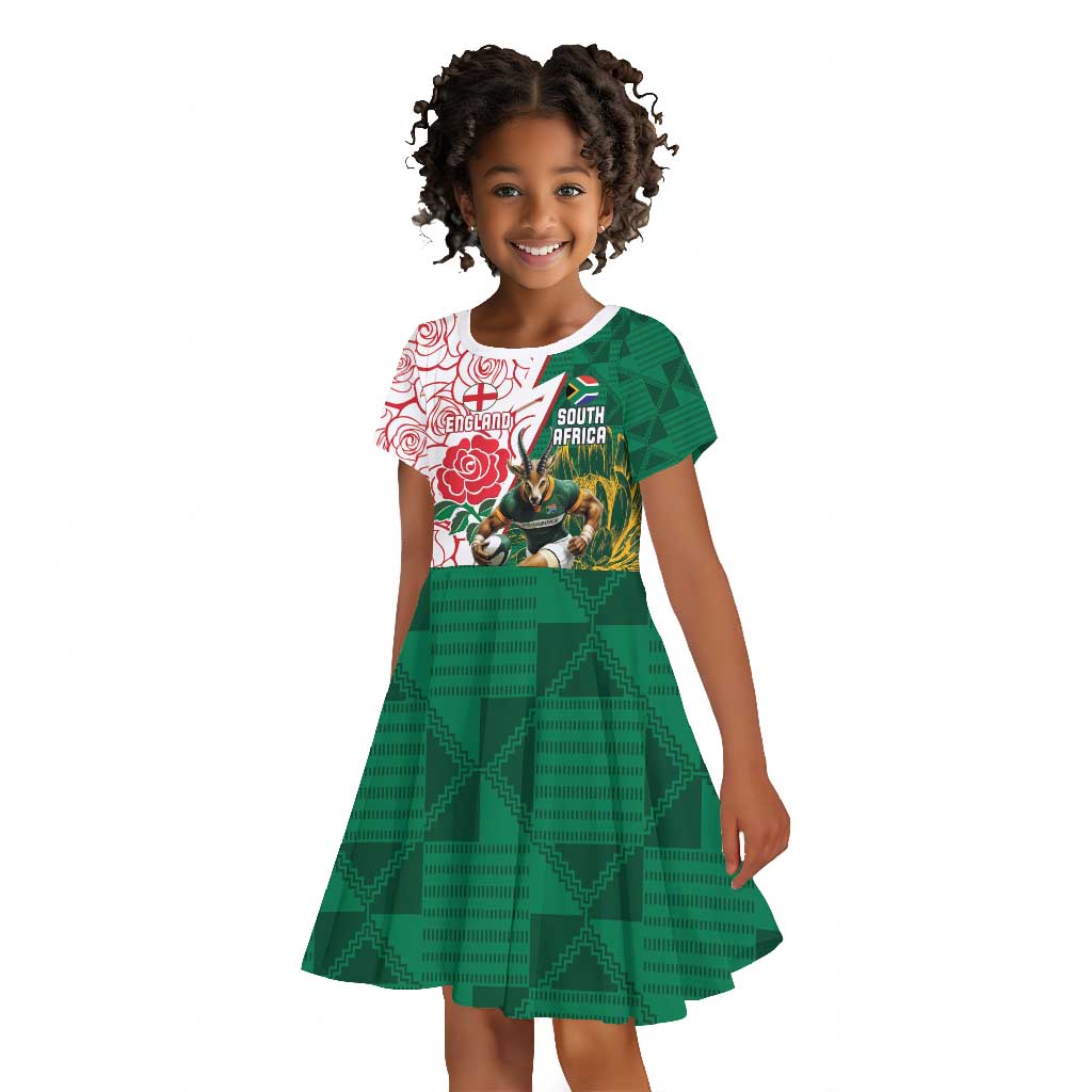 Personalized South Africa Combine England Rugby Kid Short Sleeve Dress Springboks and Red Rose