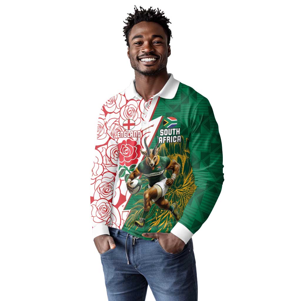 Personalized South Africa Combine England Rugby Long Sleeve Polo Shirt Springboks and Red Rose