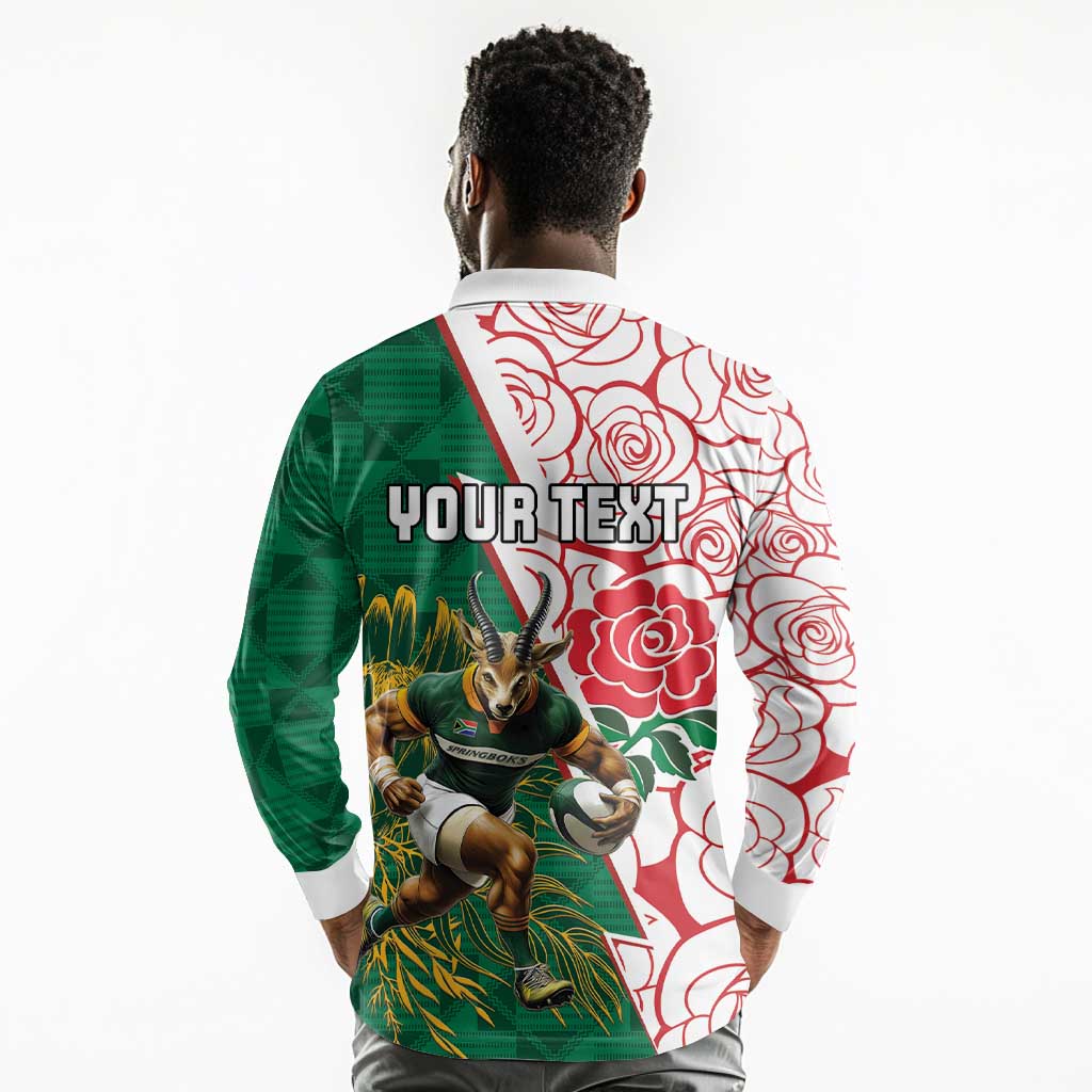 Personalized South Africa Combine England Rugby Long Sleeve Polo Shirt Springboks and Red Rose