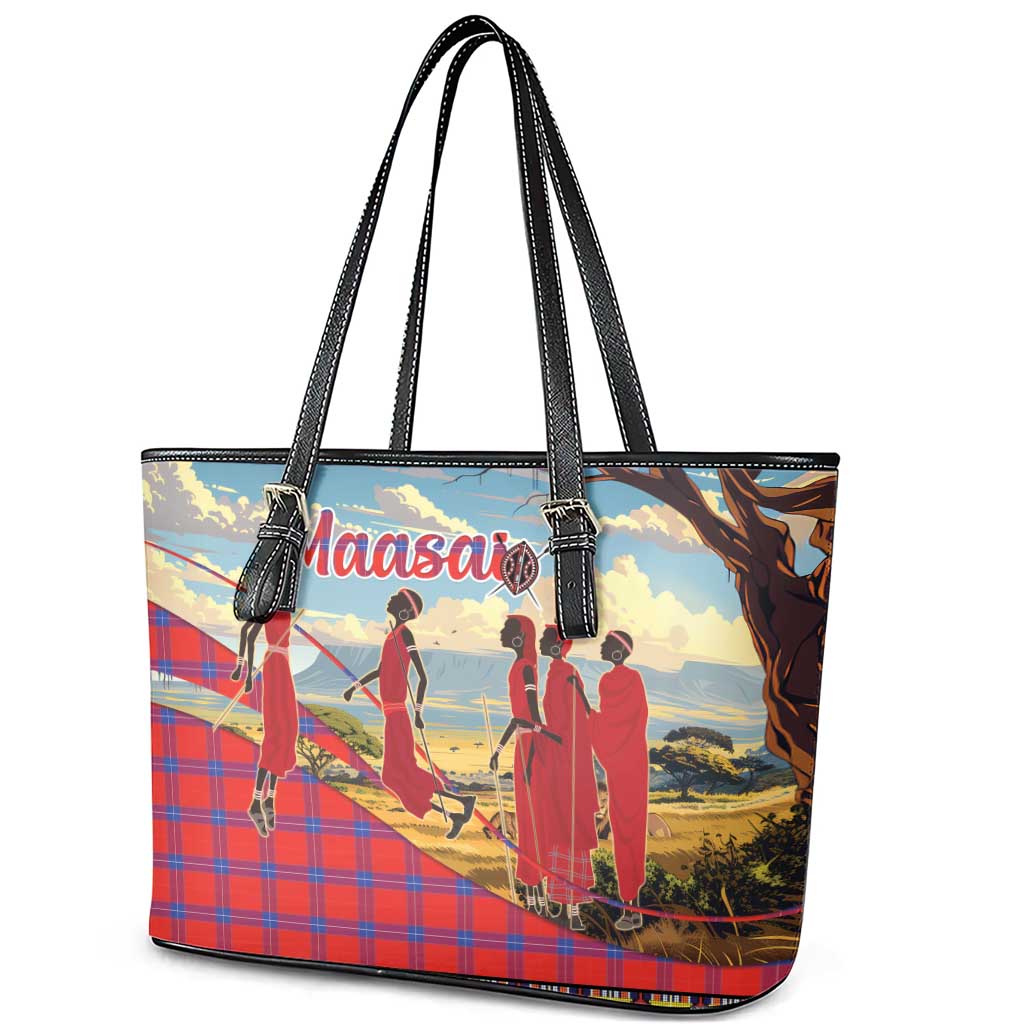 Maasai Adumu Dance Leather Tote Bag Shuka Pattern - Kenya Safari
