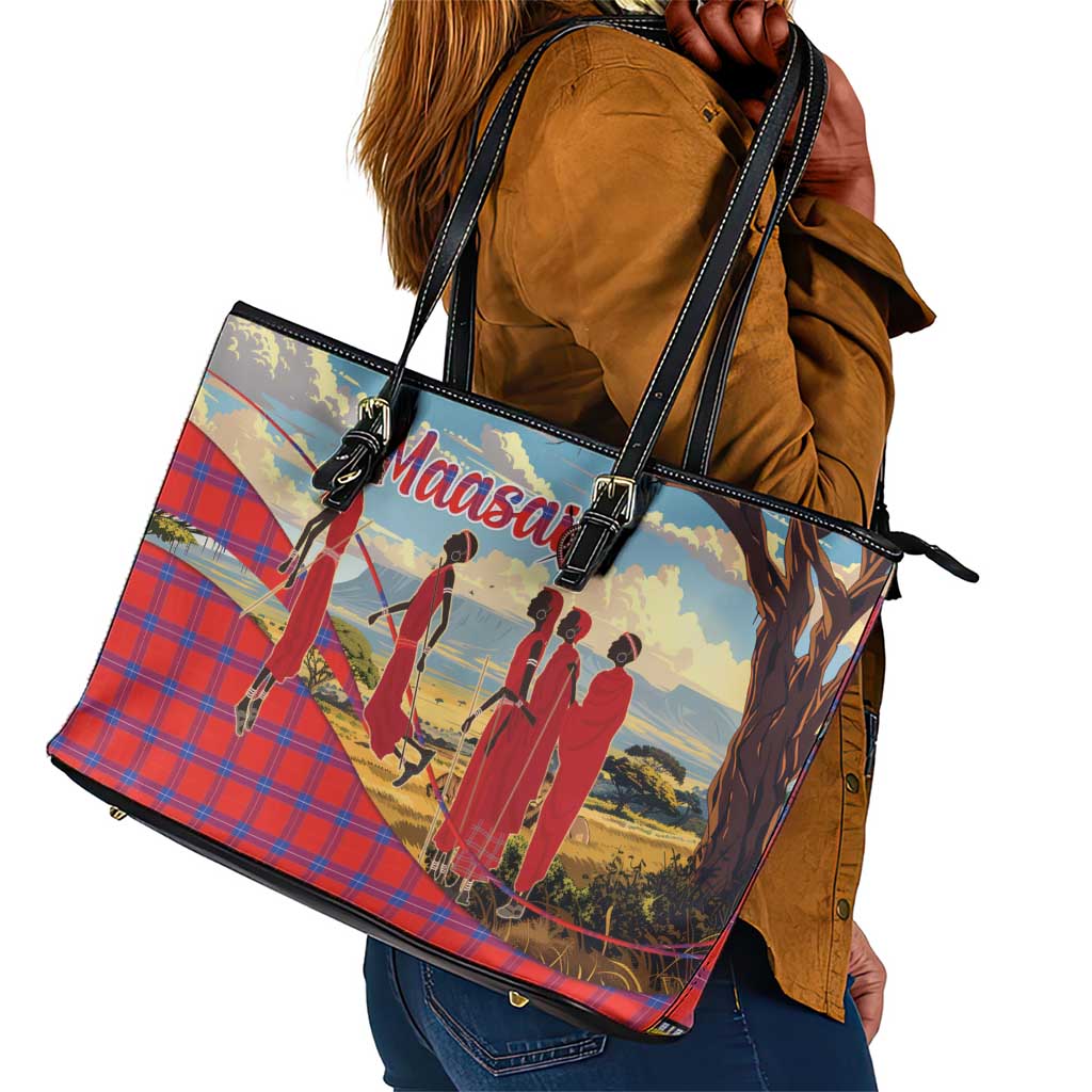Maasai Adumu Dance Leather Tote Bag Shuka Pattern - Kenya Safari