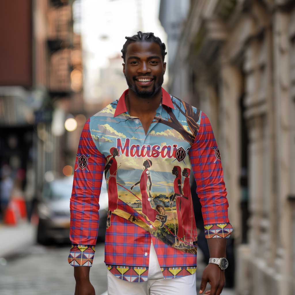 Maasai Adumu Dance Long Sleeve Button Shirt Shuka Pattern - Kenya Safari