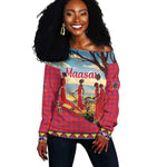 Maasai Adumu Dance Off Shoulder Sweater Shuka Pattern - Kenya Safari