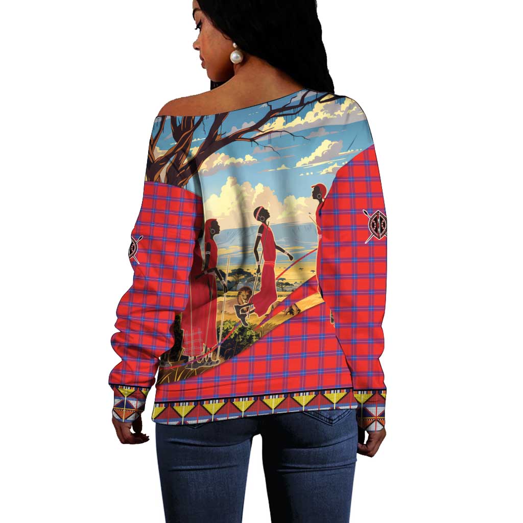 Maasai Adumu Dance Off Shoulder Sweater Shuka Pattern - Kenya Safari