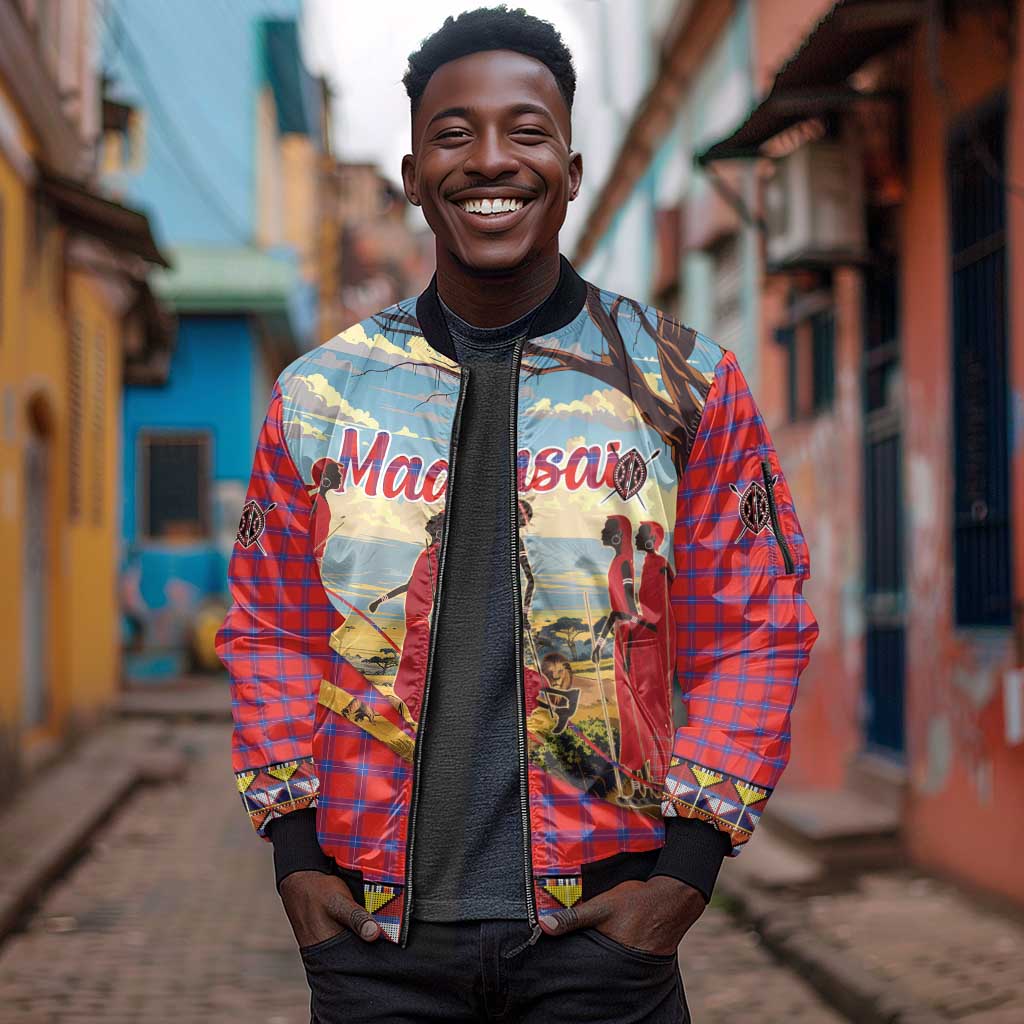 Maasai Adumu Dance Sleeve Zip Bomber Jacket Shuka Pattern - Kenya Safari