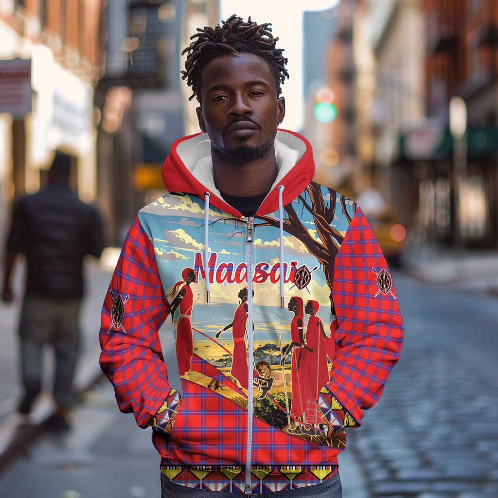 Maasai Adumu Dance Zip Hoodie Shuka Pattern - Kenya Safari
