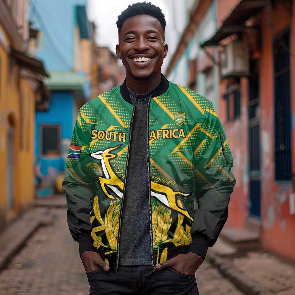 South Africa Rugby Custom Sleeve Zip Bomber Jacket Go Springboks Go
