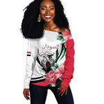 Personalized Sudan Off Shoulder Sweater Sudanese Secretary Bird With Hibiscus - African Pride