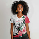 Personalized Sudan Women V-Neck T-Shirt Sudanese Secretary Bird With Hibiscus - African Pride