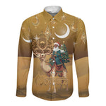 Afro Christmas in Sahara Morocco Long Sleeve Button Shirt Black Santa Riding Camel - African Pride