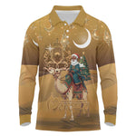 Afro Christmas in Sahara Morocco Long Sleeve Polo Shirt Black Santa Riding Camel - African Pride