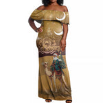 Afro Christmas in Sahara Morocco Off Shoulder Maxi Dress Black Santa Riding Camel - African Pride
