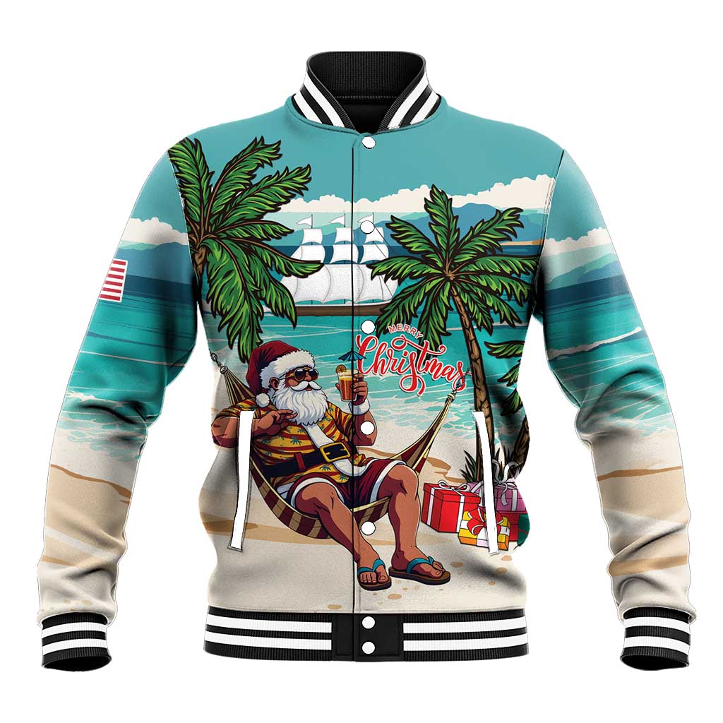 Afro Christmas in Liberia Baseball Jacket Santa Chill on Tropical Beach - African Pride