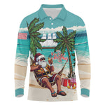 Afro Christmas in Liberia Long Sleeve Polo Shirt Santa Chill on Tropical Beach - African Pride