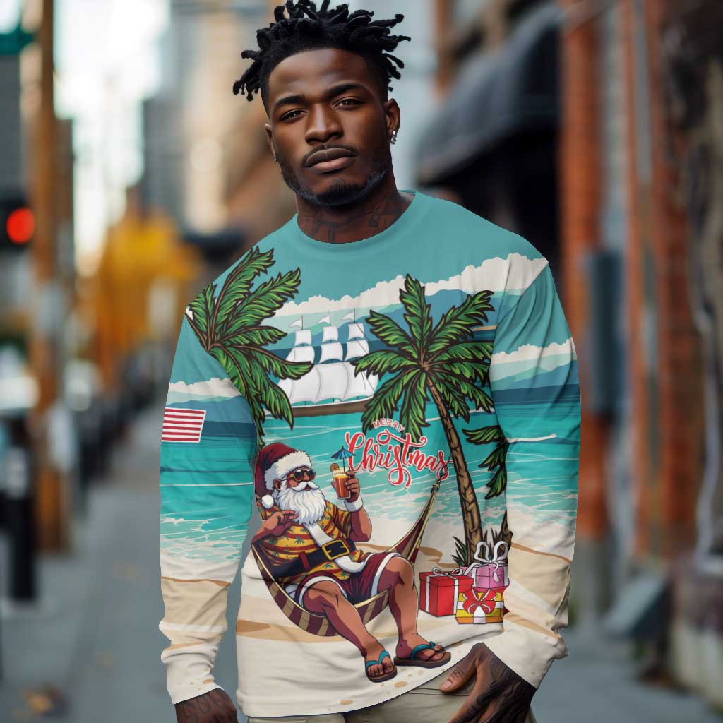 Afro Christmas in Liberia Long Sleeve Shirt Santa Chill on Tropical Beach - African Pride
