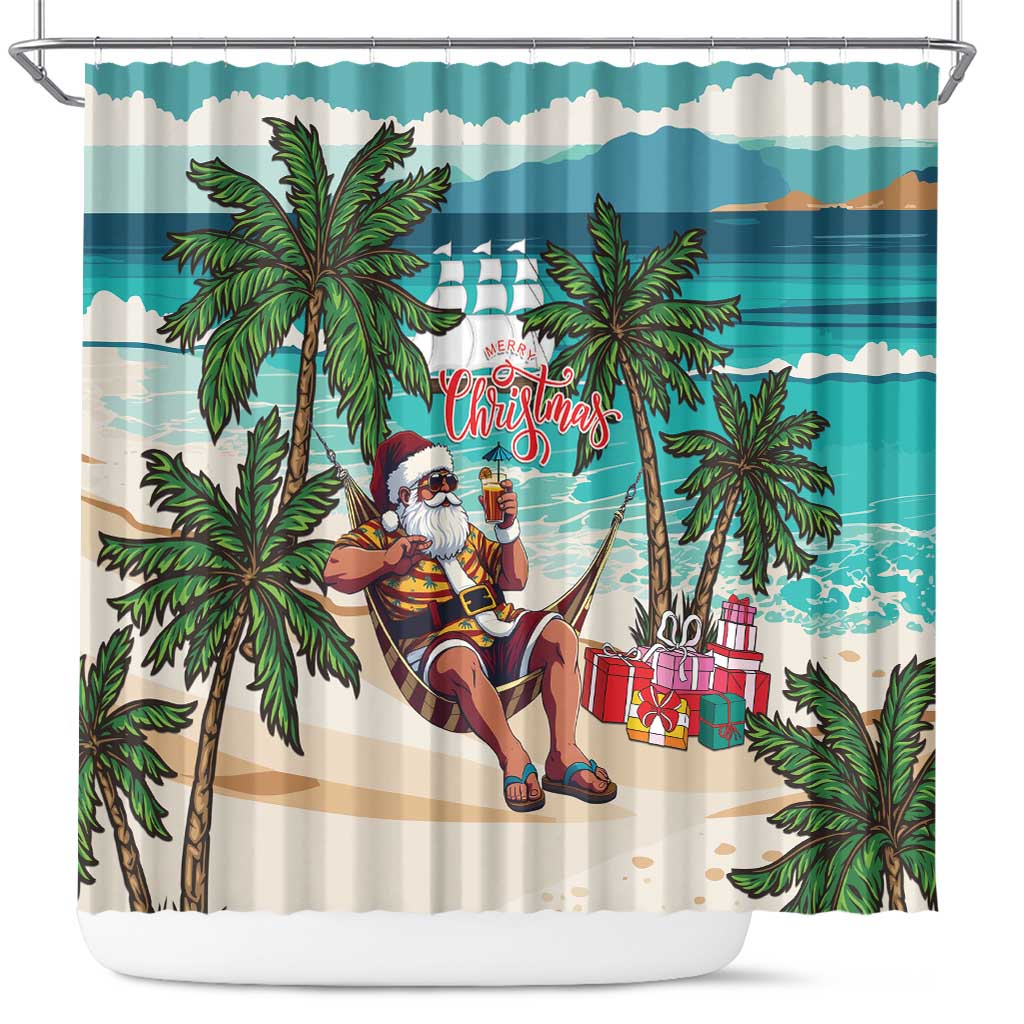 Afro Christmas in Liberia Shower Curtain Santa Chill on Tropical Beach - African Pride