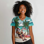 Afro Christmas in Liberia Women V-Neck T-Shirt Santa Chill on Tropical Beach - African Pride