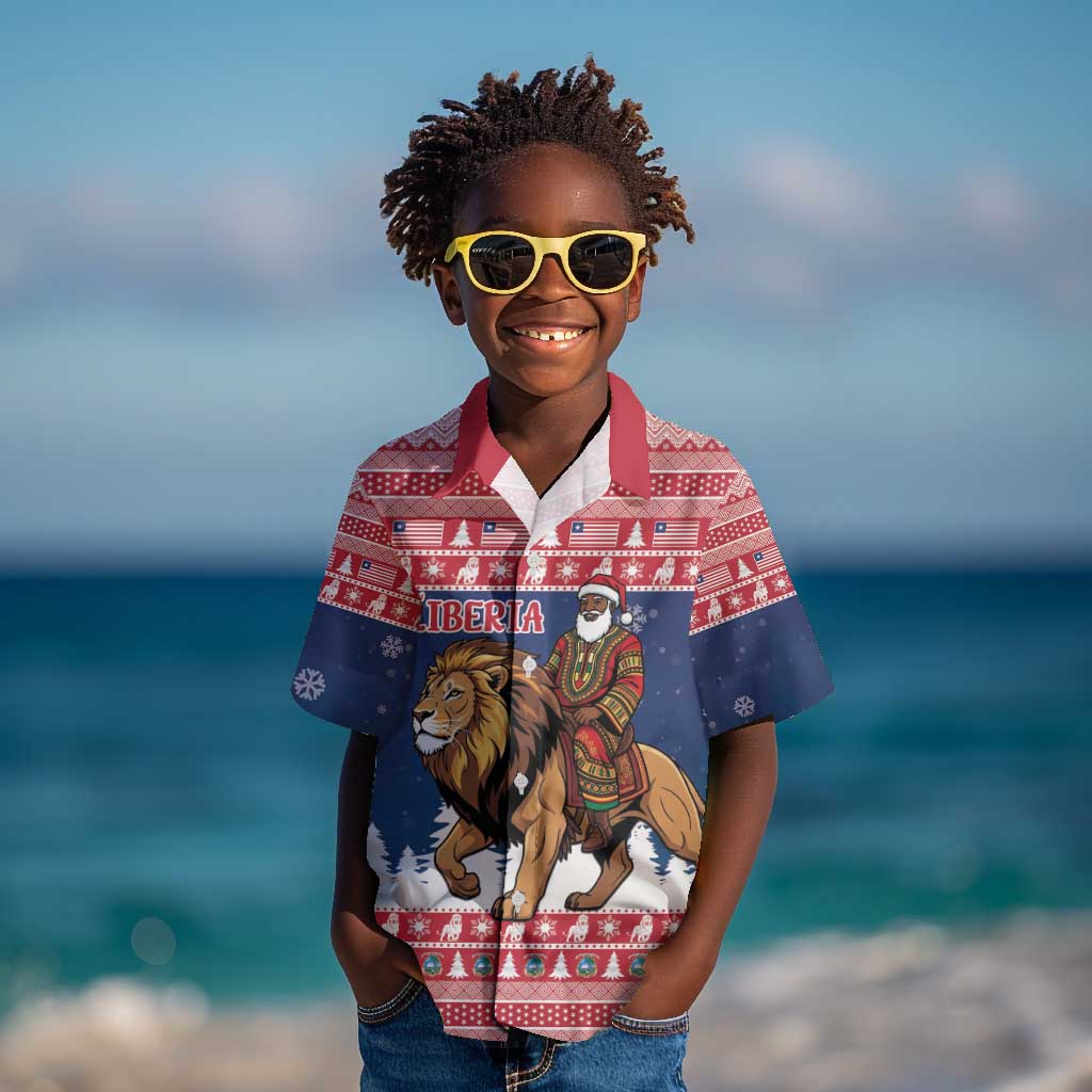 Personalized Afro Christmas in Liberia Kid Hawaiian Shirt Black Santa Riding Lion - Merry Christmas - African Pride