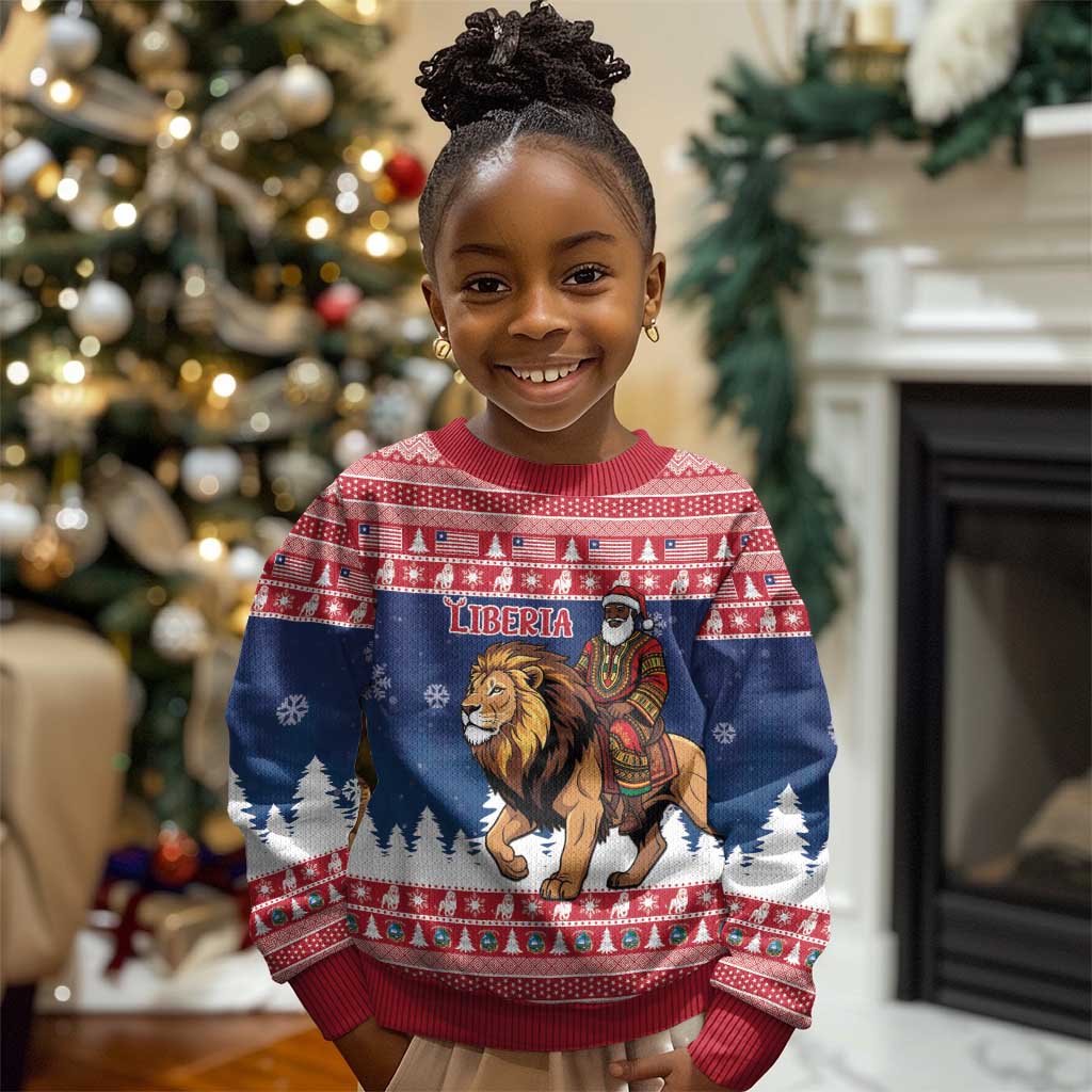 Personalized Afro Christmas in Liberia Kid Ugly Christmas Sweater Black Santa Riding Lion - Merry Christmas - African Pride