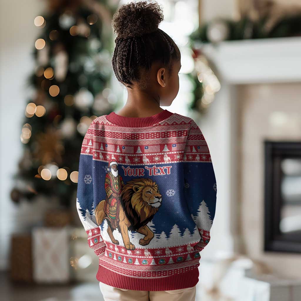 Personalized Afro Christmas in Liberia Kid Ugly Christmas Sweater Black Santa Riding Lion - Merry Christmas - African Pride