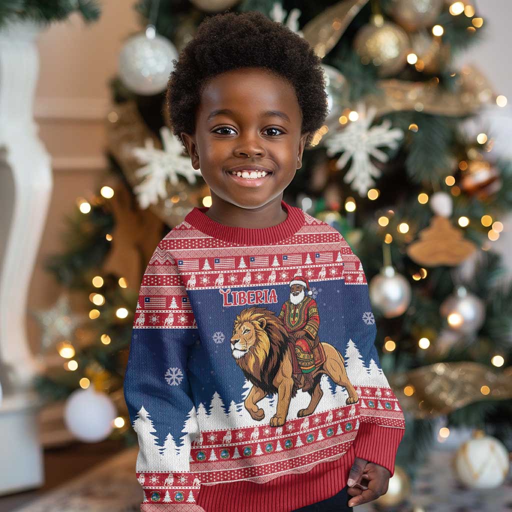 Personalized Afro Christmas in Liberia Kid Ugly Christmas Sweater Black Santa Riding Lion - Merry Christmas - African Pride