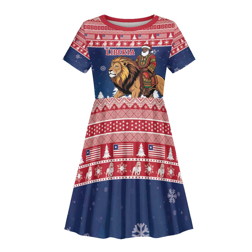 Personalized Afro Christmas in Liberia Kid Short Sleeve Dress Black Santa Riding Lion - Merry Christmas - African Pride