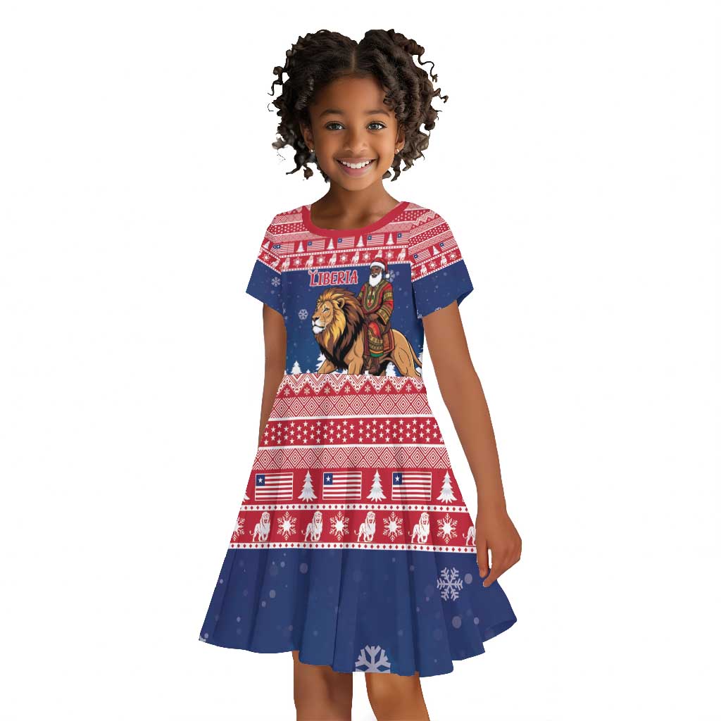 Personalized Afro Christmas in Liberia Kid Short Sleeve Dress Black Santa Riding Lion - Merry Christmas - African Pride