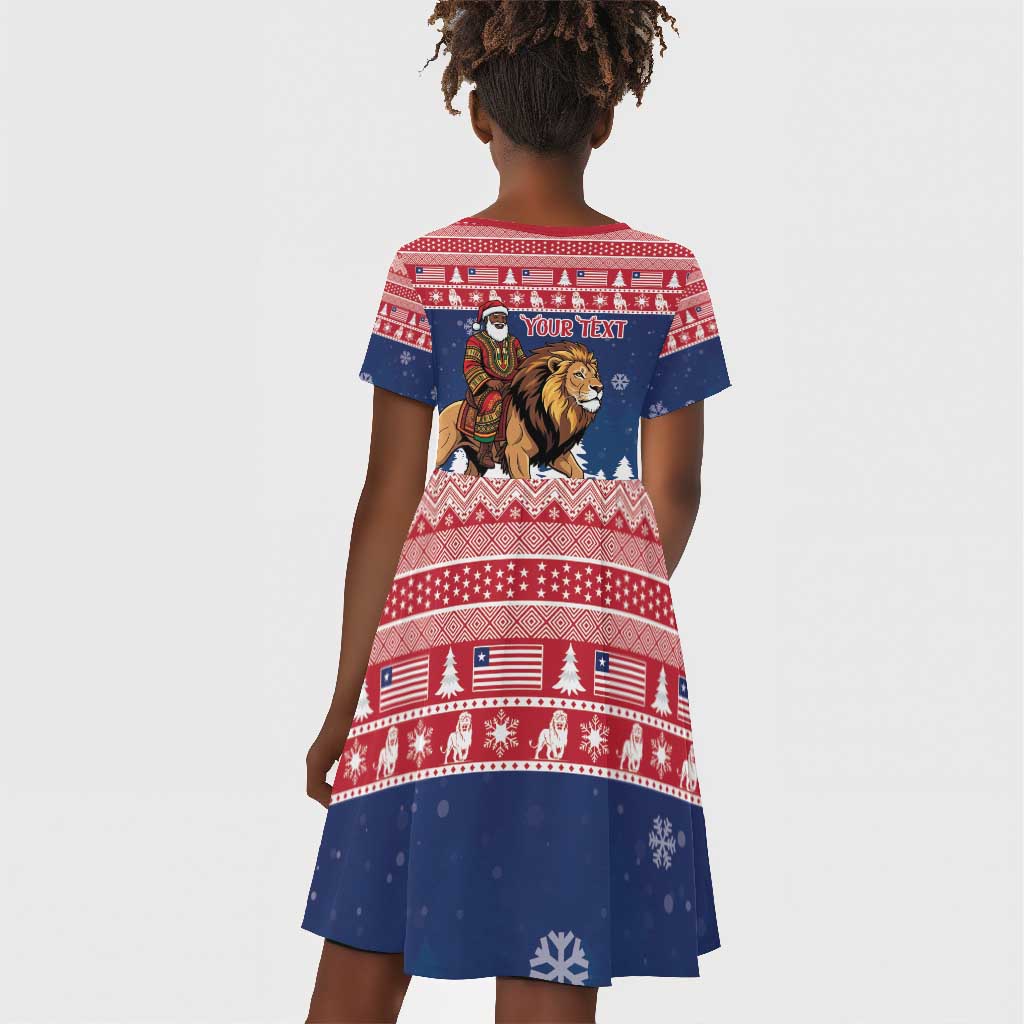 Personalized Afro Christmas in Liberia Kid Short Sleeve Dress Black Santa Riding Lion - Merry Christmas - African Pride