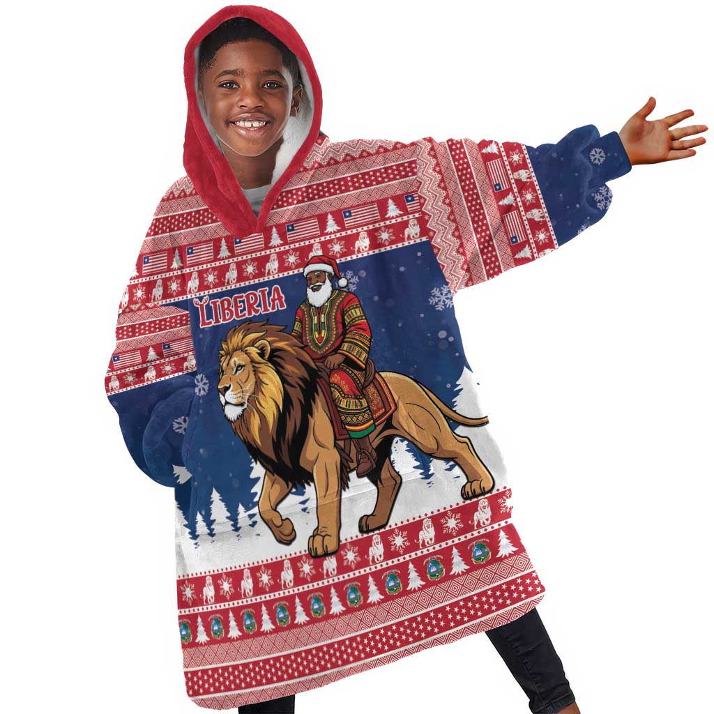Personalized Afro Christmas in Liberia Kid Wearable Blanket Hoodie Black Santa Riding Lion - Merry Christmas - African Pride