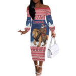 Personalized Afro Christmas in Liberia Off The Shoulder Long Sleeve Dress Black Santa Riding Lion - Merry Christmas - African Pride