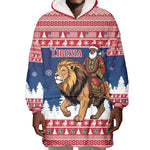 Personalized Afro Christmas in Liberia Wearable Blanket Hoodie Black Santa Riding Lion - Merry Christmas - African Pride