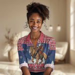 Personalized Afro Christmas in Liberia Women Casual Shirt Black Santa Riding Lion - Merry Christmas - African Pride