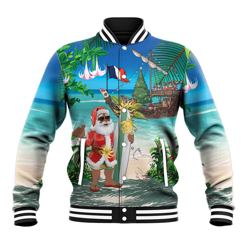 Afro Christmas in Mayotte Baseball Jacket Santa Chill on Tropical Beach - African Pride
