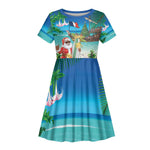 Afro Christmas in Mayotte Kid Short Sleeve Dress Santa Chill on Tropical Beach - African Pride