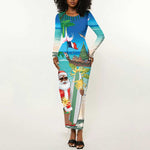 Afro Christmas in Mayotte Long Sleeve Bodycon Dress Santa Chill on Tropical Beach - African Pride