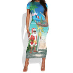 Afro Christmas in Mayotte Short Sleeve Bodycon Dress Santa Chill on Tropical Beach - African Pride