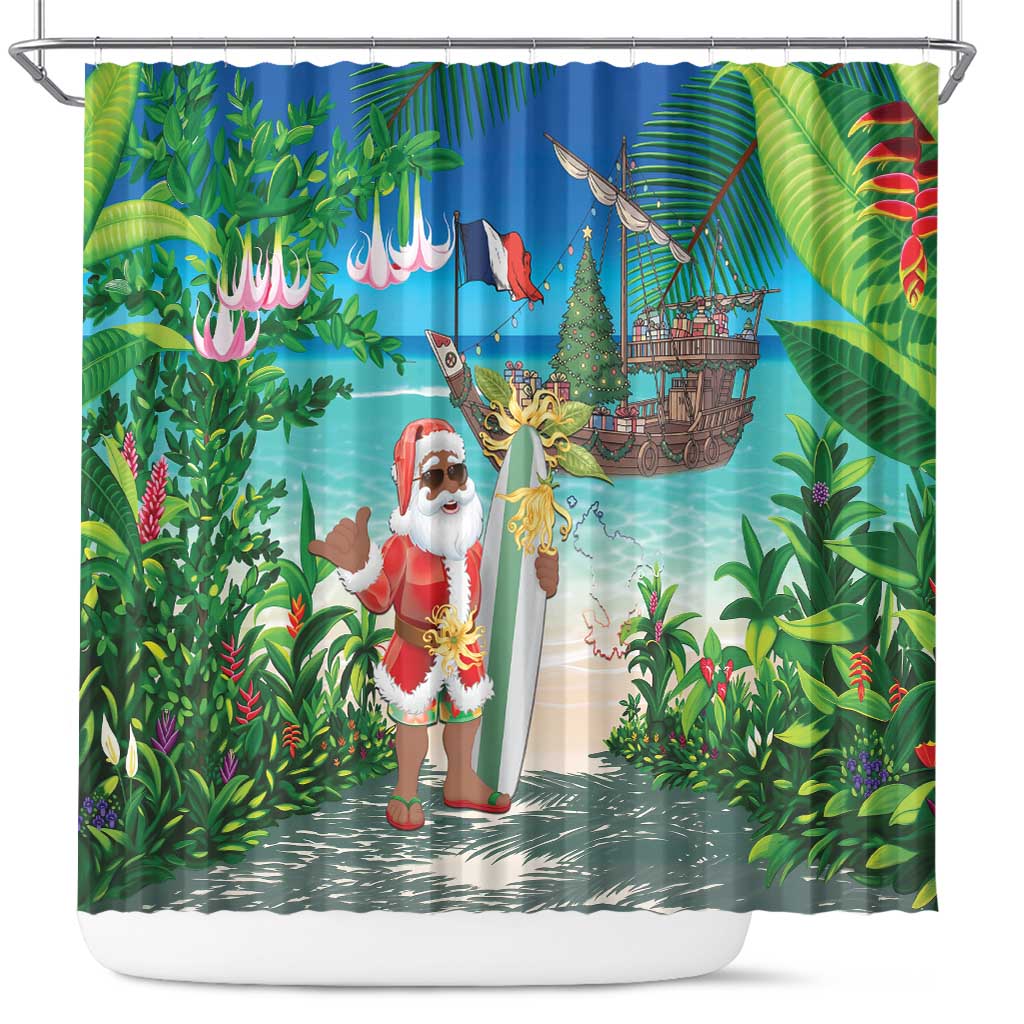 Afro Christmas in Mayotte Shower Curtain Santa Chill on Tropical Beach - African Pride