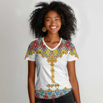 Happy Ethiopian Timkat Women V-Neck T-Shirt Cross Mix Tilet Pattern