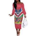 Personalised Namibia Off The Shoulder Long Sleeve Dress Coat Of Arms With Flag Map - Happy Independence Day