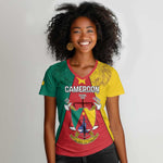 Personalised Cameroon National Day Women V-Neck T-Shirt Lion Mix Coat Of Arms Style