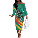 Personalised Happy Cameroon National Day Off The Shoulder Long Sleeve Dress Lion With Coat Of Arms - Curve Style