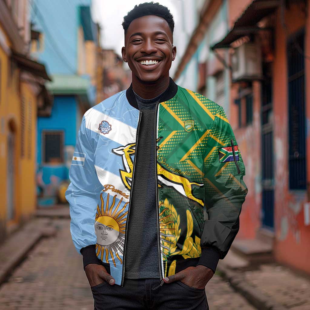 South Africa and Argentina Rugby Personalised Sleeve Zip Bomber Jacket Sporty Style