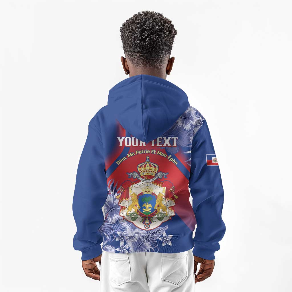Personalized Second Anpi an Ayiti Kid Hoodie Imperial Haiti Coat Of Arms Tropical Flowers