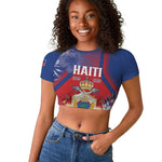 Personalized Second Anpi an Ayiti Raglan Cropped T shirt Imperial Haiti Coat Of Arms Tropical Flowers
