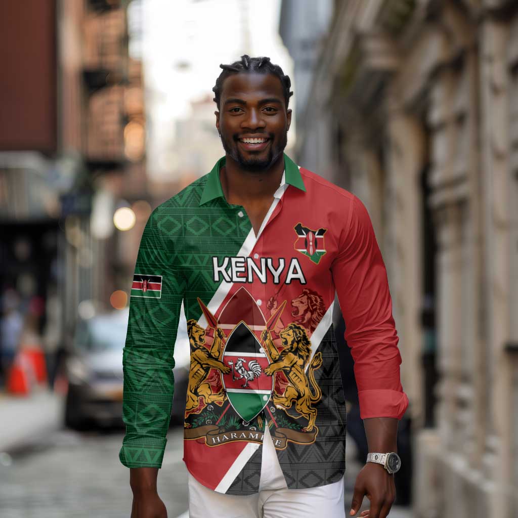 Personalised Kenya Long Sleeve Button Shirt Flag Style - African Pattern