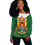 Personalised Zimbabwe Independence Day Off Shoulder Sweater Coat Of Arms Fire Lilies