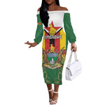 Personalised Zimbabwe Independence Day Off The Shoulder Long Sleeve Dress Coat Of Arms Fire Lilies